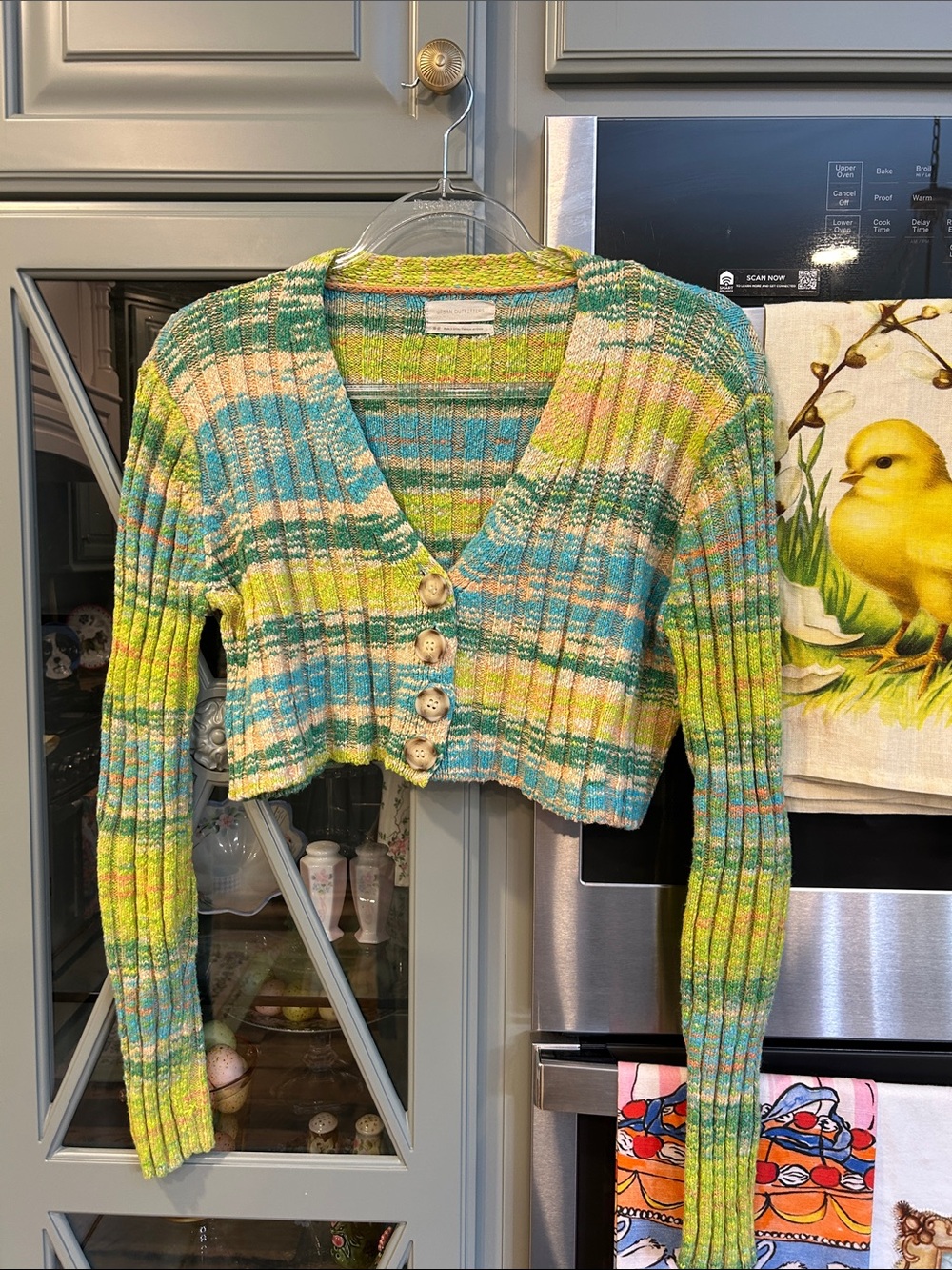 Urban Outfitters Multicolor Striped Cropped Cardigan in Turquoise, Lime & Cream